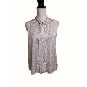 EUC Ann Taylor White Gray Paisley Tie Neck Sleeveless Top-Medium Petite